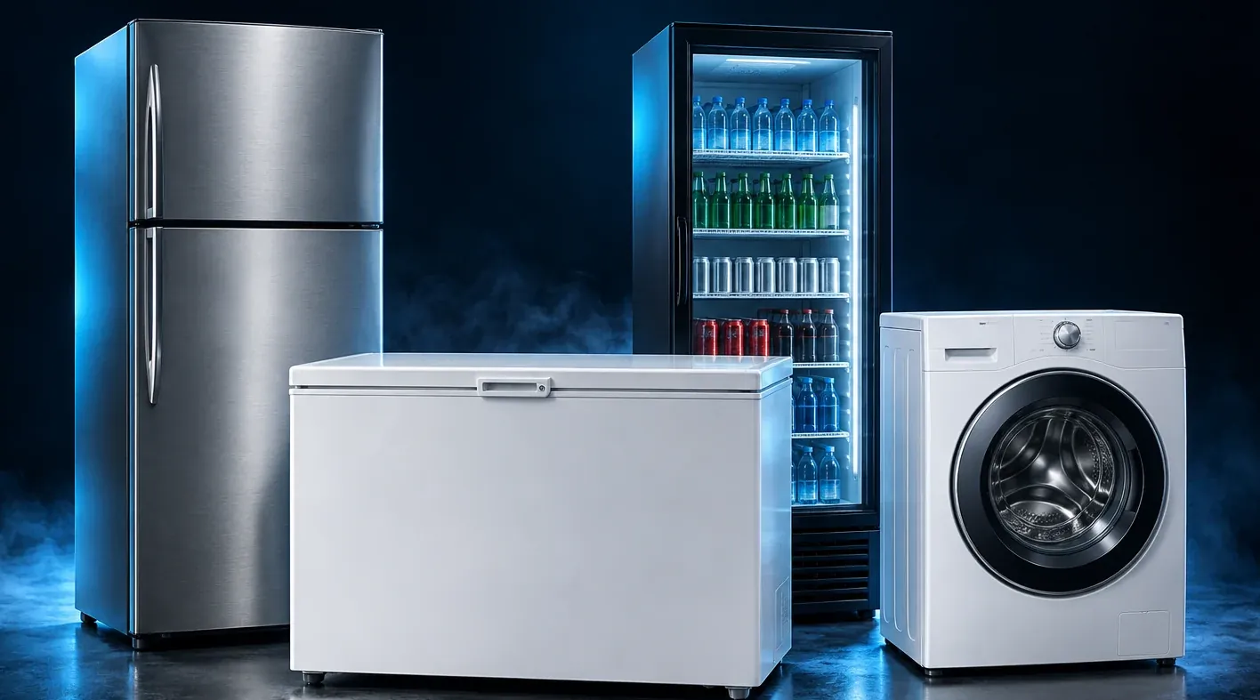 Geladeira inox, freezer horizontal, expositor de bebidas e máquina de lavar